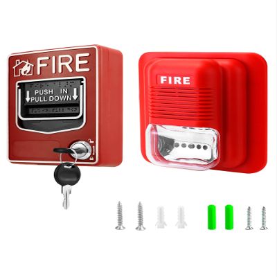 QWORK Wired Emergency Sound and Light Fire Alarm Station, 12 / 24V DC Wired Strobe Siren Horn and Dual Action Manual Call Point Panic Button 9-28VDC with 2 Keys