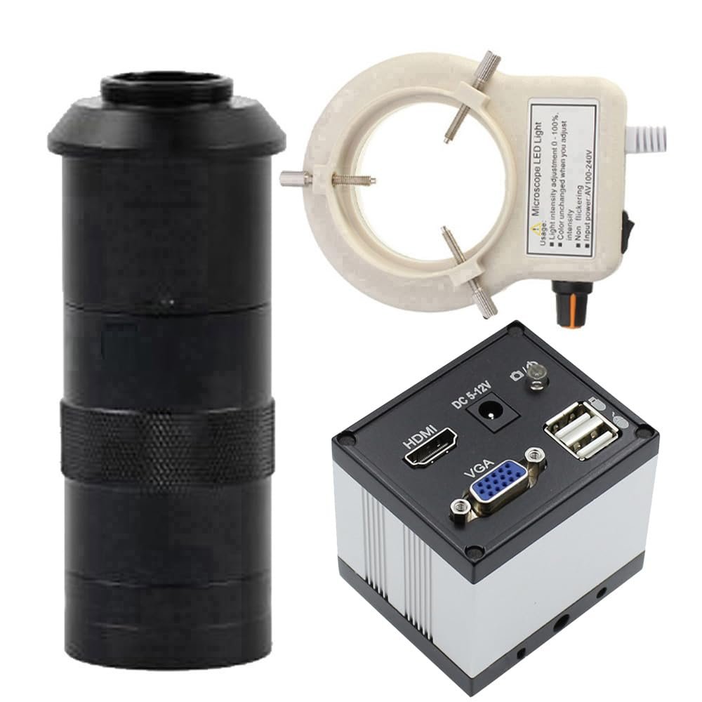 2MP VGA HDMI Digital Industrial Microscope Video Camera For Repair Phone Solder & 100X C-Mount Lens Whit 56-LED Adjustable Ring Light