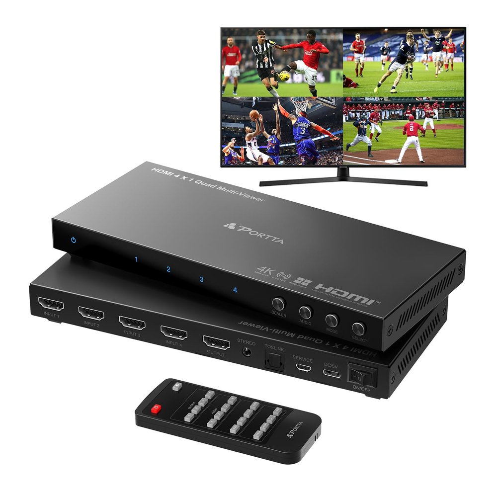 4K HDMI Multiviewer Switch 4x1 with PIP, PORTTA Quad Multi Viewer Seamless Switcher 4 in 1 Out with Toslink, 3.5mm Audio Output Support 4K 30Hz, 6 Viewing Modes, Downscaler, Compatible with PS4 Xbox