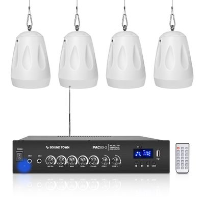 Sound Town Commercial Restaurant Bluetooth Amplifier + Pendant Speaker Set, with One 2-Zone 70V/100V Amplifier with Bluetooth, 4 x All-Weather 4-Inch Pendant Speakers, White (PAC80X4PD4W)