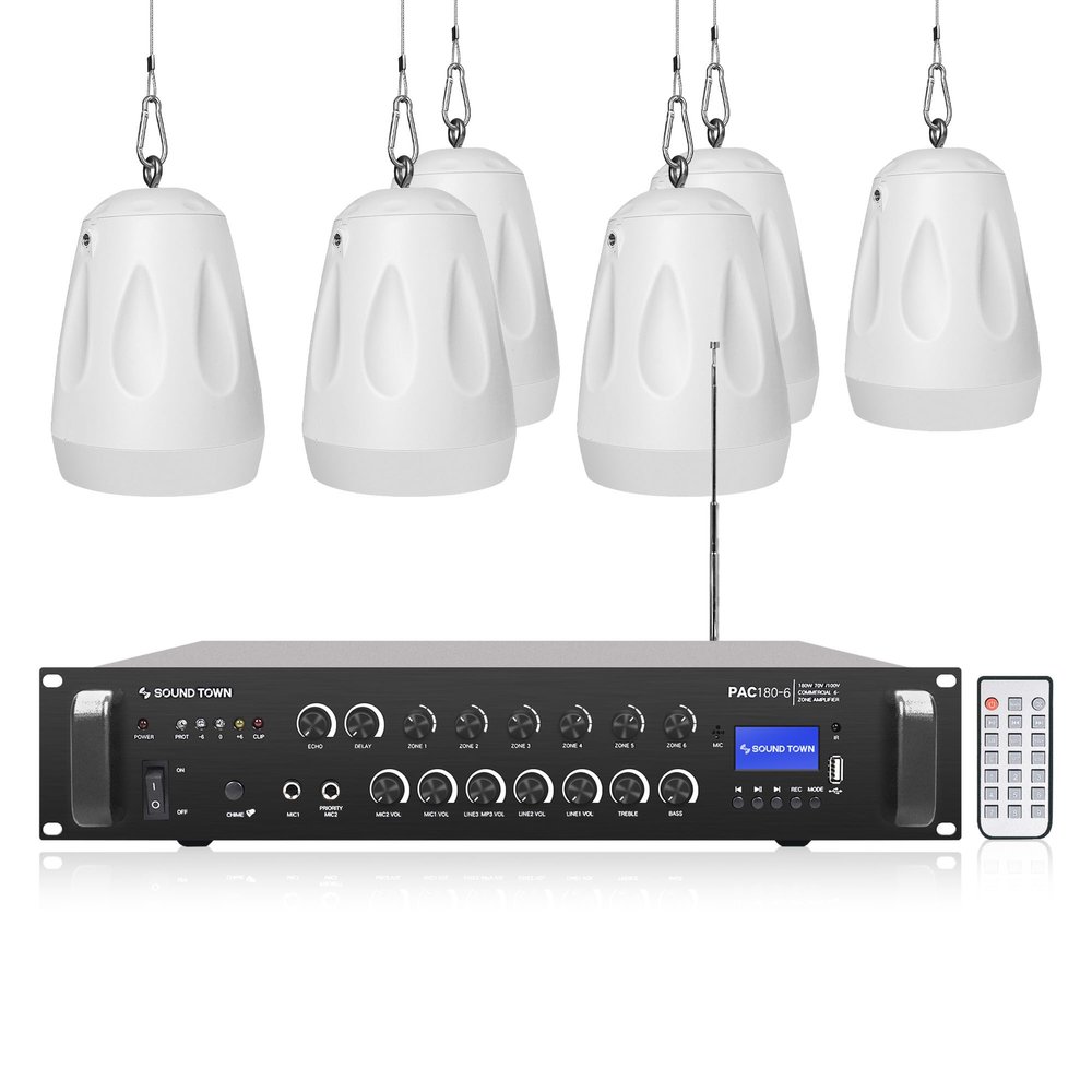 Sound Town Commercial Restaurant Bluetooth Amplifier + Pendant Speaker Set, with One 6-Zone 70V/100V Amplifier with Bluetooth, 6 x All-Weather 4-Inch Pendant Speakers, White (PAC180X6PD4W)