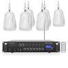 Sound Town Commercial Restaurant Bluetooth Amplifier + Pendant Speaker Set, with One 6-Zone 70V/100V Amplifier with Bluetooth, 6 x All-Weather 4-Inch Pendant Speakers, White (PAC180X6PD4W) view 1