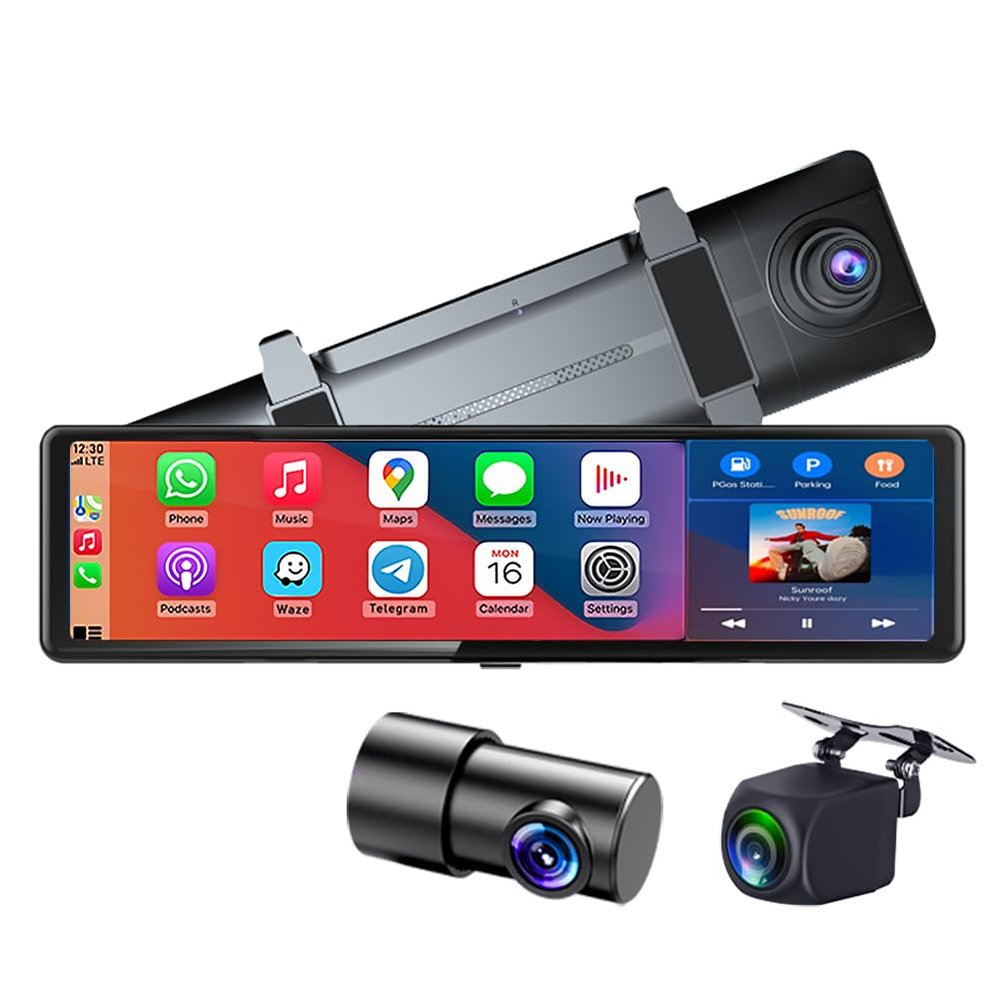 Wireless Carplay Screen 11.26 Inch 4K FHD Rearview Mirror Driving Recorder with Voice Assistant, Airplay, CarPlay & Android Auto, 3 Cameras, Parking Monitor, Compatible with 99% Car (Three Way Camera)