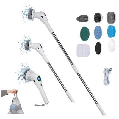 Taoke Electric Scrubber Brushes, 8 Replaceable Cleaning Heads & Adjustable Handle, 3 Speeds, with Night Light and LED Display, Bathroom Grout Floor Wall Sink Scrubber