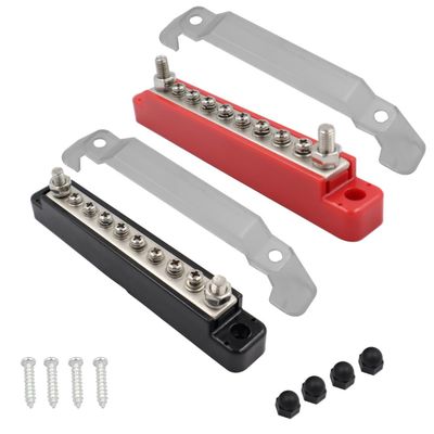 2PCS 8 Terminal Bus Bar Kit with Cover & Heat Shrink Terminals Ground Distribution for Automotive and Marine, Bus Bar 2 Studs 8 Screw Terminals, Max 48V 150A (Red & Black)