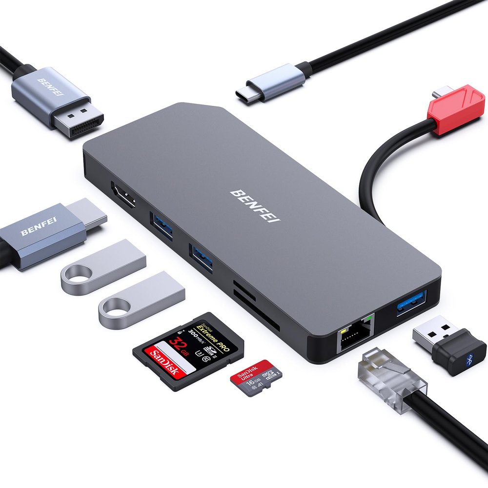 BENFEI 9in1 USB C MST Laptop Docking Station, USB-C Hub with HDMI DisplayPort Dual Monitor/3*USB Type-A/1*USB Type-C(10Gbps+100W PD)/SD/TF Card Reader/1*RJ45