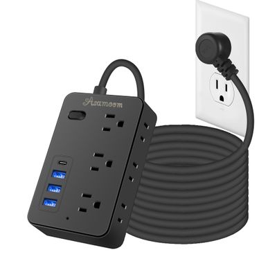 20FT Extension Cord with Multiple Outlets, Asamoom 20 ft Surge Protector Power Strip with 6 Outlets with 4 USB Ports(1 USB C)Flat Plug with Long Cord 1700 Joules Protection for Home Office Black