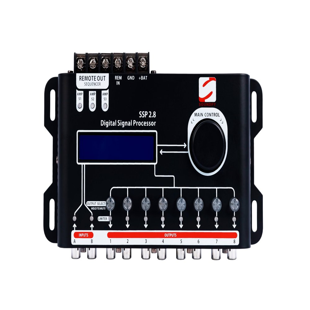 SSP 2.8 Digital Signal Processor & Equalizer 15-Band Graphic EQ, 2 Input/8 Output, 12 Presets, Built-in Crossover for Car Audio Enhancement