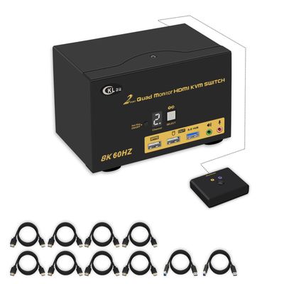 CKLau 2 Port Quad Monitor HDMI KVM Switch 8K@60Hz, 4K@144Hz with Cables for 4 Monitors 2 Computers Sharing Video Keyboard Mouse Support Emulation EDID, Hotkey Switching, HDMI 2.1, HDR