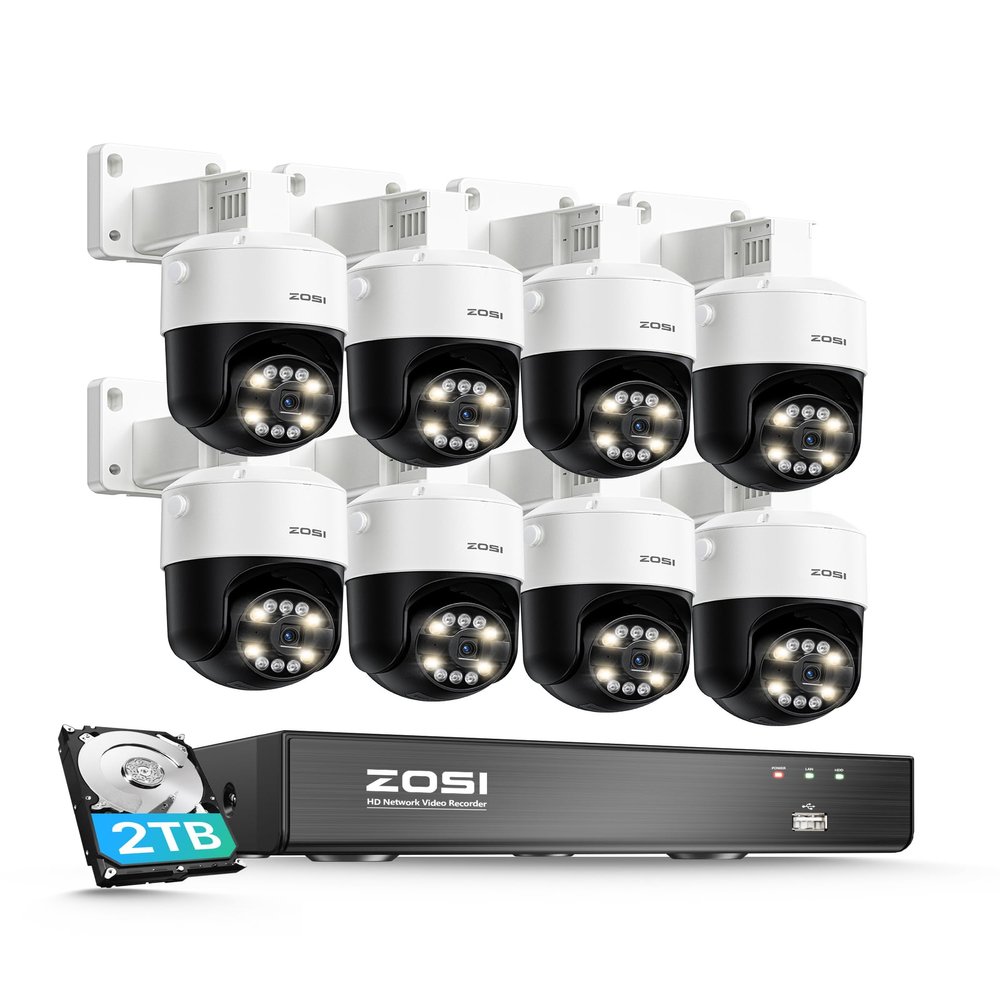 ZOSI 4K PoE Security Camera System with AI Face Person Vehicle Detection, 8 x 8MP 4K Outdoor Auto Tracking PT PoE Camera with Floodlights and 2-Way Audio, 8CH 8MP NVR with 2TB HDD (16CH Expandable)