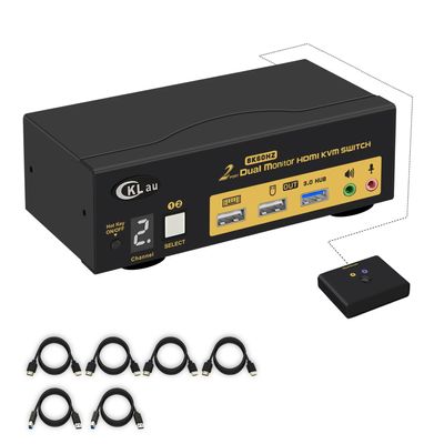 CKLau 2x2 USB 3.0 HDMI KVM Switch 2 Monitors 2 Computers with Cables Support 8K@60Hz, 4K@144Hz, Emulation EDID, Hotkey Switching, Digital Display