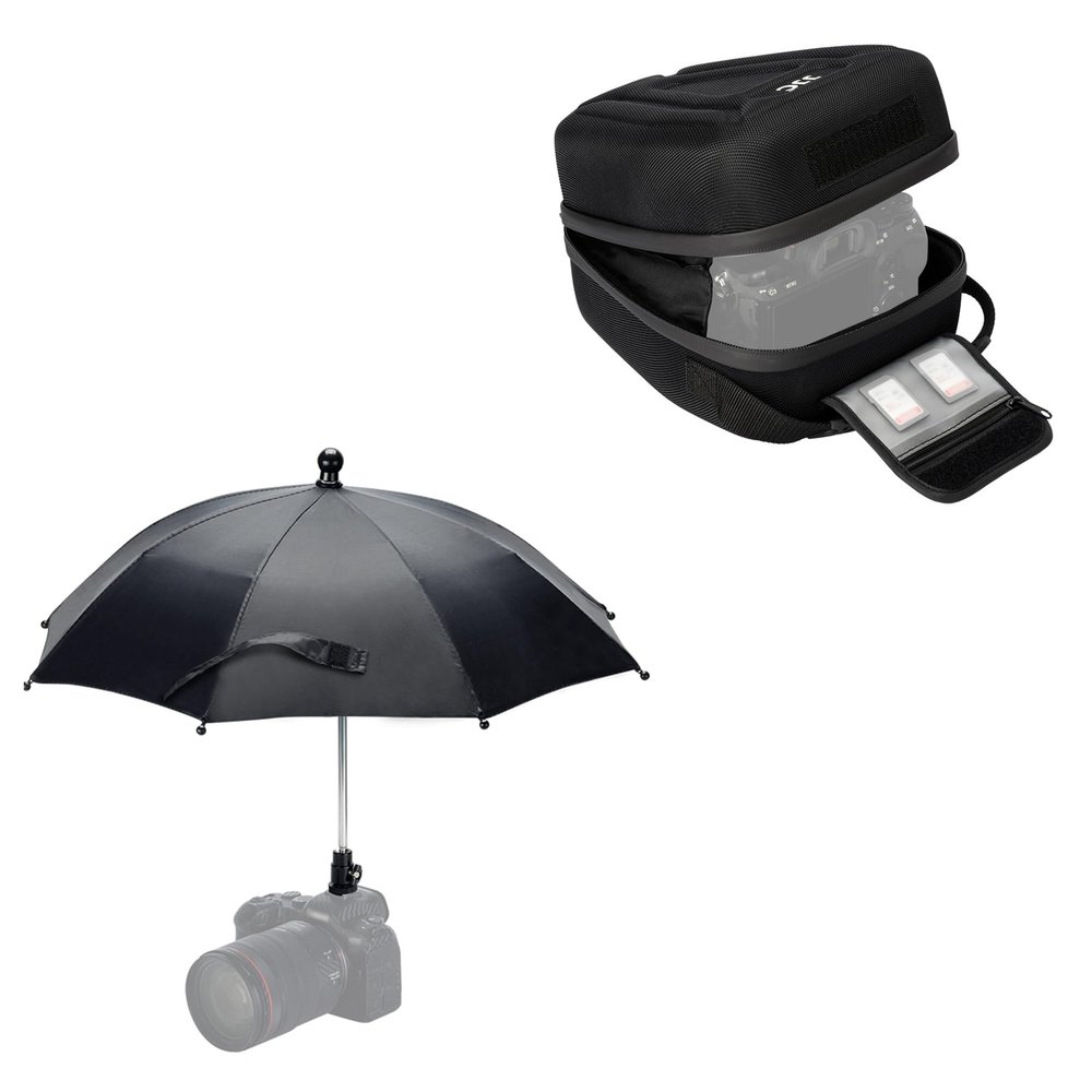 Camera Hot Shoe Umbrella + Hard Camera Case: Camera Rain Umbrella with Hard Shell Camera Case