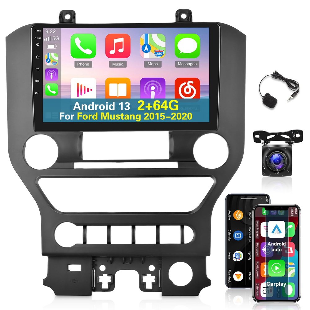 [2+64G] Android 13 Car Radio for Ford Mustang 2015-2020 - Wireless Carplay and Android Auto - 9 Inch Touchscreen Car Stereo with WiFi/GPS/Multiple UI Themes/SWC + AHD Backup Camera