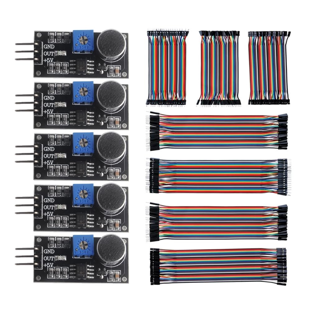 5PCS Microphone Sensor High Sensitivity Sound Detection Module LM393 with 240pcs Breadboard Jumper Wires 20cm 10cm