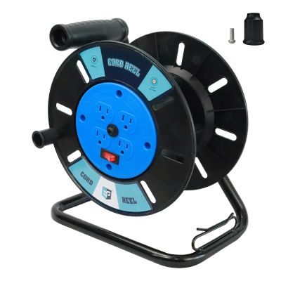 EP Extension Cord Storage Reel with 4-Grounded Outlets, Heavy Duty Open Cord Reel for 12/3 14/3 16/3 Power Cords, Portable Empty Hand Crank Electric Cord Roller Holder, Blue