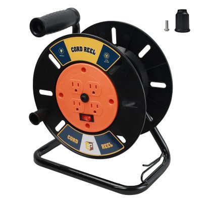 EP Extension Cord Storage Reel with 4-Grounded Outlets, Heavy Duty Open Cord Reel for 12/3 14/3 16/3 Power Cords, Portable Empty Hand Crank Electric Cord Roller Holder, Orange
