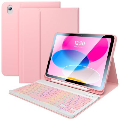 FGZZROU for iPad 11th 10th Generation Case with Keyboard 10.9 Inch 7Color Backlit Detachable Wireless BT Keyboard Folio Protective Case with Pen Holder for New iPad 10th Generation 2022 (Pink)