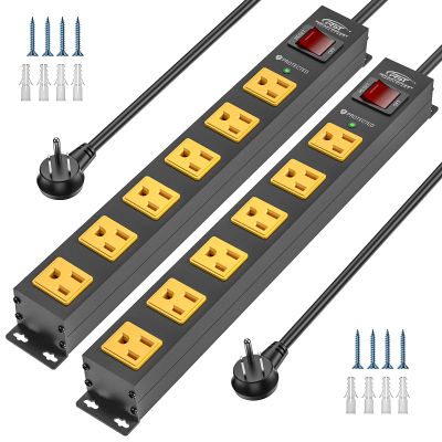 CRST 2Pack 6 Outlet Surge Protector Power Strip 2100J with Switch, 15A/1875W Heavy Duty Mountable Power Strip, Wide Spaced Power Bar for Garage Worshop Home School, 6 FT Cord Black+Yellow