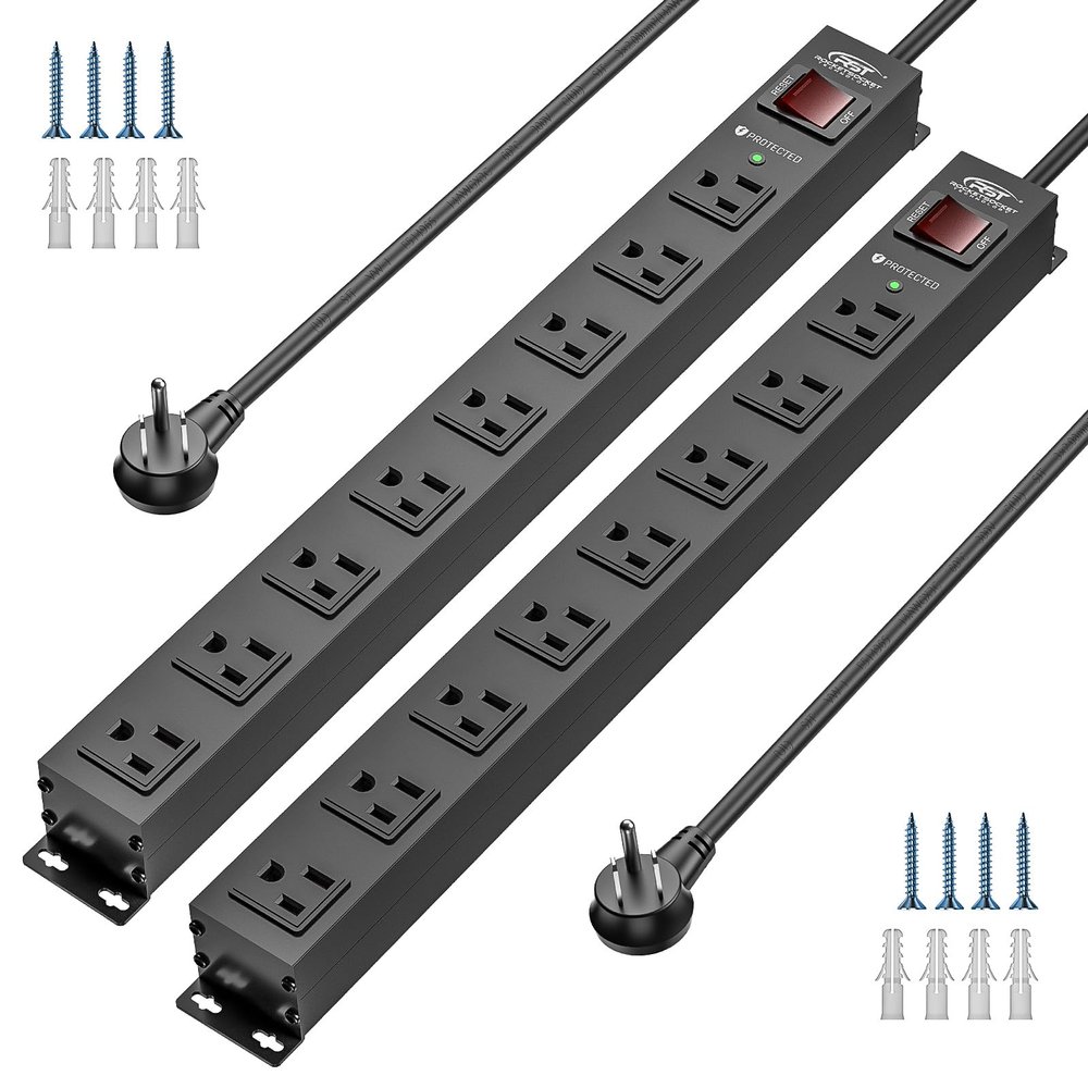 CRST 2 Pack 8 Outlet Metal Heavy Duty Power Strip with Switch, 2100J Surge Protector, Mountable Wide Spaced Power Strip, 6 FT 14AWG, 15A/1875W