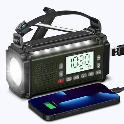 PRUNUS 924 10000mAh Hand Crank Radio, AAA Batteries Powered Emergency Radio Solar, NOAA Weather Radio AM/FM/SW, USB Charging, Torch& Reading Light, SOS Alarm, Power Bank, Compass for Camping