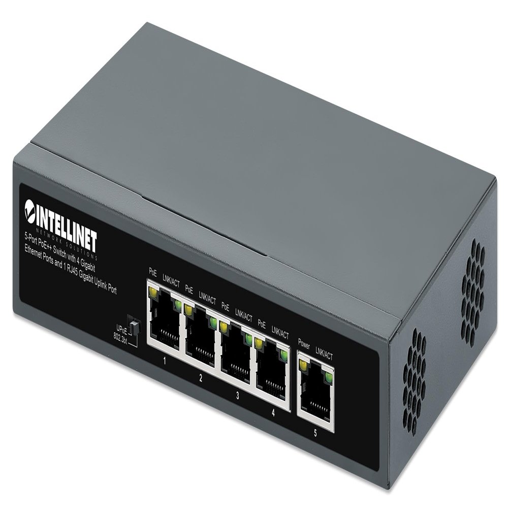 Intellinet 5-Port PoE++ Ethernet Switch with 4 Gigabit Ports & 1 RJ45 Gb Uplink Port-140W Power Budget, Output up to 90W Per Port, Unmanaged, Wall Mountable/Desktop, Fanless, 3 Yr Mfg Warranty562010