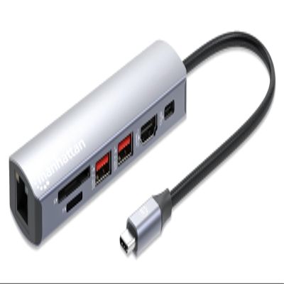 Manhattan 7 in 1 USB C Docking Station Hub with 100W Power Delivery, 4k HDMI, 2 USB-A 3.2, 1 Gigabit RJ45 Port, SD & microSD Card Slot - Multiport Adapter3 Yr Mfg Warranty- 153966