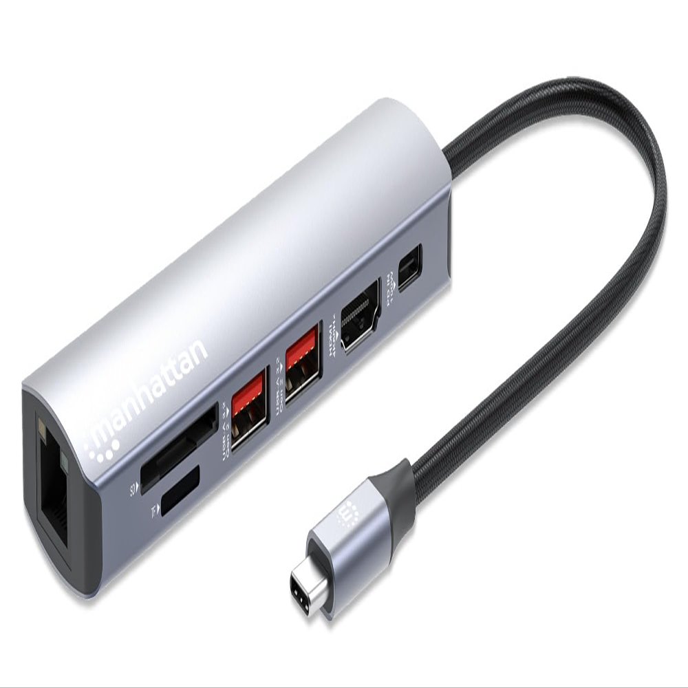 Manhattan 7 in 1 USB C Docking Station Hub with 100W Power Delivery, 4k HDMI, 2 USB-A 3.2, 1 Gigabit RJ45 Port, SD & microSD Card Slot - Multiport Adapter3 Yr Mfg Warranty- 153966