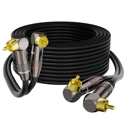 Right Angle RCA Cable 50 FT, 90 Degree 2RCA to 2RCA Stereo Audio Cable, Zinc Alloy Shell, Gold-Plated Plug, 2 RCA Audio Cord, for Home Theater, Subwoofer, HDTV, Amplifier, Hi-Fi System, Car, Speaker