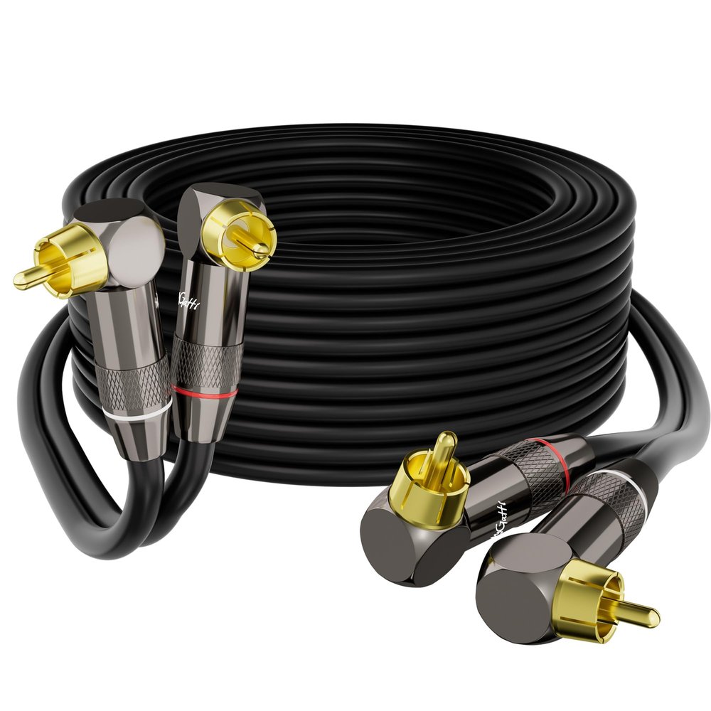 Right Angle RCA Cable 50 FT, 90 Degree 2RCA to 2RCA Stereo Audio Cable, Zinc Alloy Shell, Gold-Plated Plug, 2 RCA Audio Cord, for Home Theater, Subwoofer, HDTV, Amplifier, Hi-Fi System, Car, Speaker