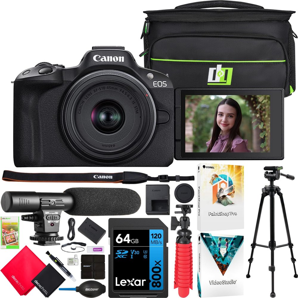 Canon EOS R50 Mirrorless Camera (Black) with RF-S 18-45mm F4.5-6.3 is STM Lens 5811C012 Bundle with Deco Gear Photography Bag + Microphone + Tripod + Software & Accessories Kit