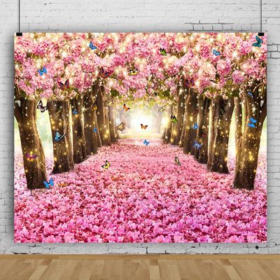 10x8ft Spring Cherry Blossom Forest Backdrop Pink Flower Butterfly Petal Boulevard Floral Photo Background for Photography Wedding Tea Party Party Decorations Portrait Shoot Studio Photo Booth Props