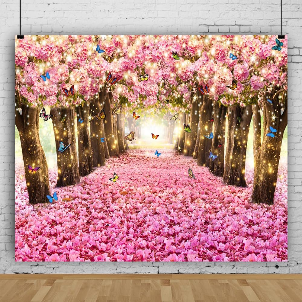 10x8ft Spring Cherry Blossom Forest Backdrop Pink Flower Butterfly Petal Boulevard Floral Photo Background for Photography Wedding Tea Party Party Decorations Portrait Shoot Studio Photo Booth Props