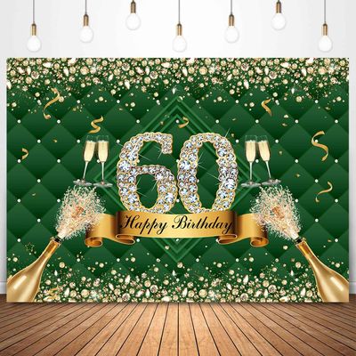 Sensfun 7x5ft Happy 60th Birthday Backdrop Green Gold Sparkle Diamond Champagne Photography Background Women 60th Birthday Party Decorations Banner Fabulous Sixty Bday Photo Booth Supplies