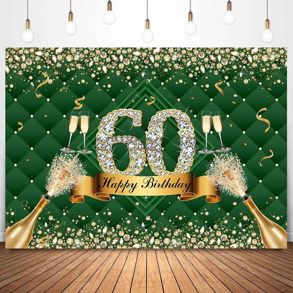 Sensfun 7x5ft Happy 60th Birthday Backdrop Green Gold Sparkle Diamond Champagne Photography Background Women 60th Birthday Party Decorations Banner Fabulous Sixty Bday Photo Booth Supplies