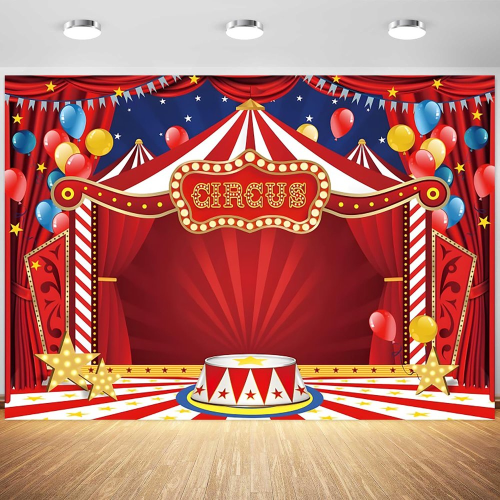 10x6.5ft Circus Backdrop Red Tent Night Stars Carnival Photography Background Kids Birthday Baby Shower Circus Theme Party Cake Table Banner Decorations Supplies Photo Booth Props