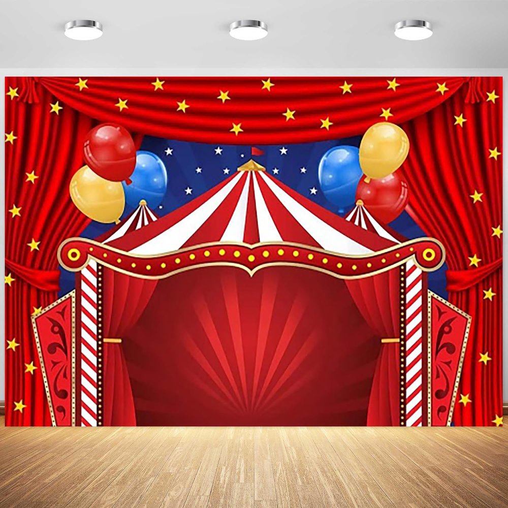15x10ft Circus Backdrop Red Curtain Tent Stars Photography Background Carnival Theme Kids Birthday Baby Shower Party Banner Decorations Cake Table Supplies Photo Booth Props