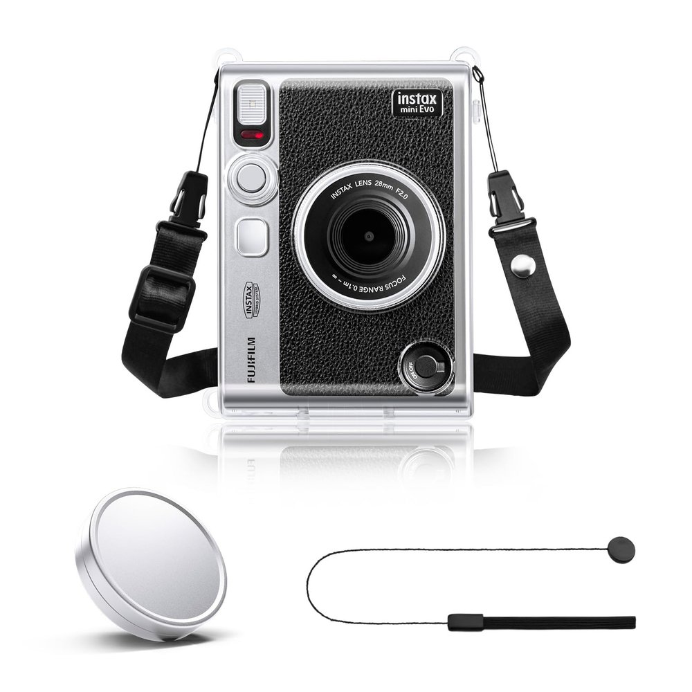 Rieibi Accessories for Fujifilm Instax Mini Evo Instant Camera, Christmas Gift Bundle Includes Clear Instax Mini Evo Case & Lens Cap with Anti-Loss String