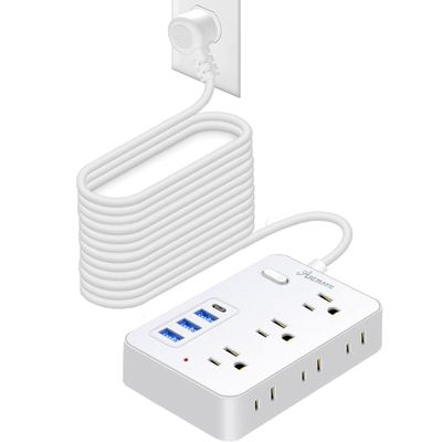 20 FT Extension Cord with Multiple Outlets, Asamoom 20 ft Surge Protector Power Strip with 6 Outlets with 4 USB Ports(1 USB C)Flat Plug with Long Cord 1700 Joules Protection for Home Office White