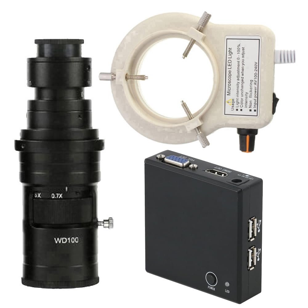 1080P 60FPS HDMI VGA Industrial Electronic Digital Video Microscope Camera & 200X C-Mount Lens Whit 56-LED Adjustable Ring Light