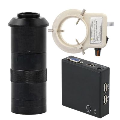 1080P 60FPS HDMI VGA Industrial Electronic Digital Video Microscope Camera & 100X C-Mount Lens Whit 56-LED Adjustable Ring Light