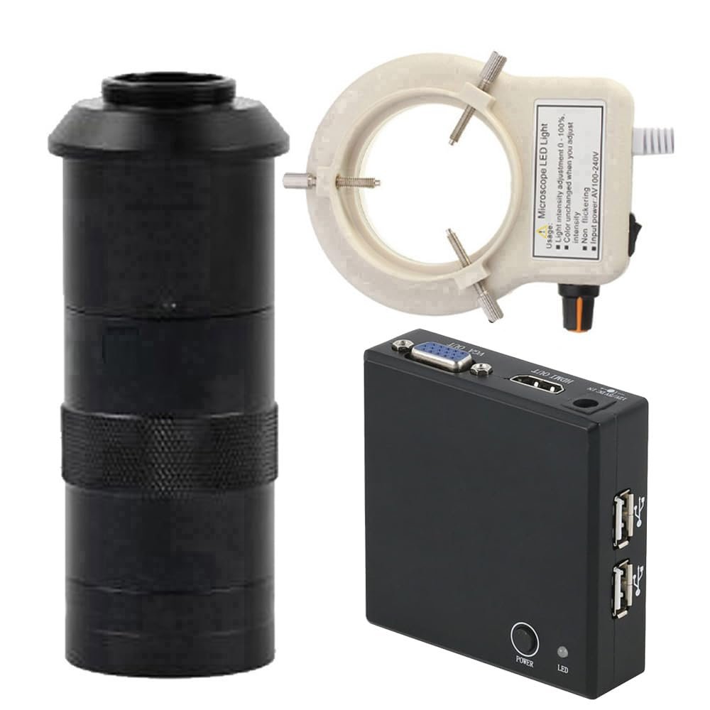 1080P 60FPS HDMI VGA Industrial Electronic Digital Video Microscope Camera & 100X C-Mount Lens Whit 56-LED Adjustable Ring Light