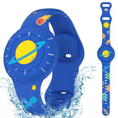 for Airtag Waterproof Watch Bracelet Kids, AirTag Holder for Kids with Soft Silicone Full Coverage Anti-Lost Hidden Apple Air Tags Wristband for Boys - Navy Blue Planet