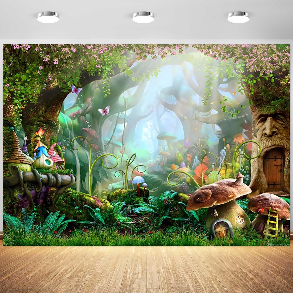15x10ft Enchanted Forest Backdrop Spring Fairy Mushroom Wonderland Photography Background Kids Birthday Baby Shower Party Banner Decorations Supplies Photo Booth Props
