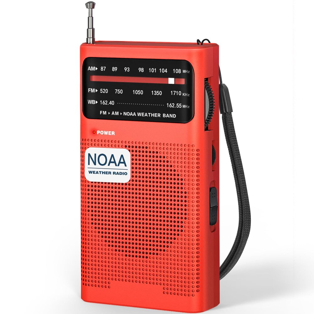 Goodes NOAA Weather Radio, AM FM NOAA Emergency Radio Portable with Best Reception, Headphone Jack, Powered by 2 AA Battery, Transistor Radios Battery-Operated for Emergency, Hurricane, Home(Red)