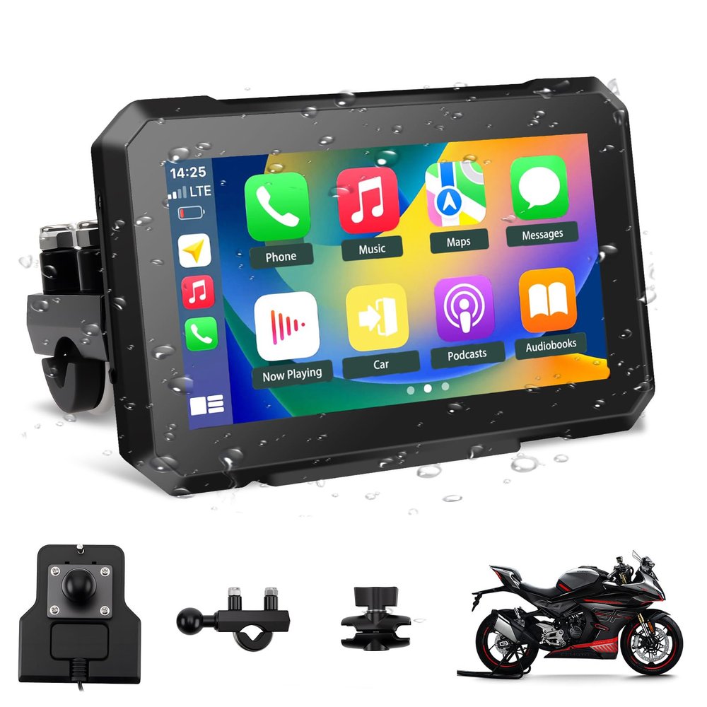 KAOLALI 7 Inch Motorcycle GPS Navigator, Universal IPX7 Waterproof Touch Screen GPS Portable Navigation System with CarPlay/Android Auto for Motorbike