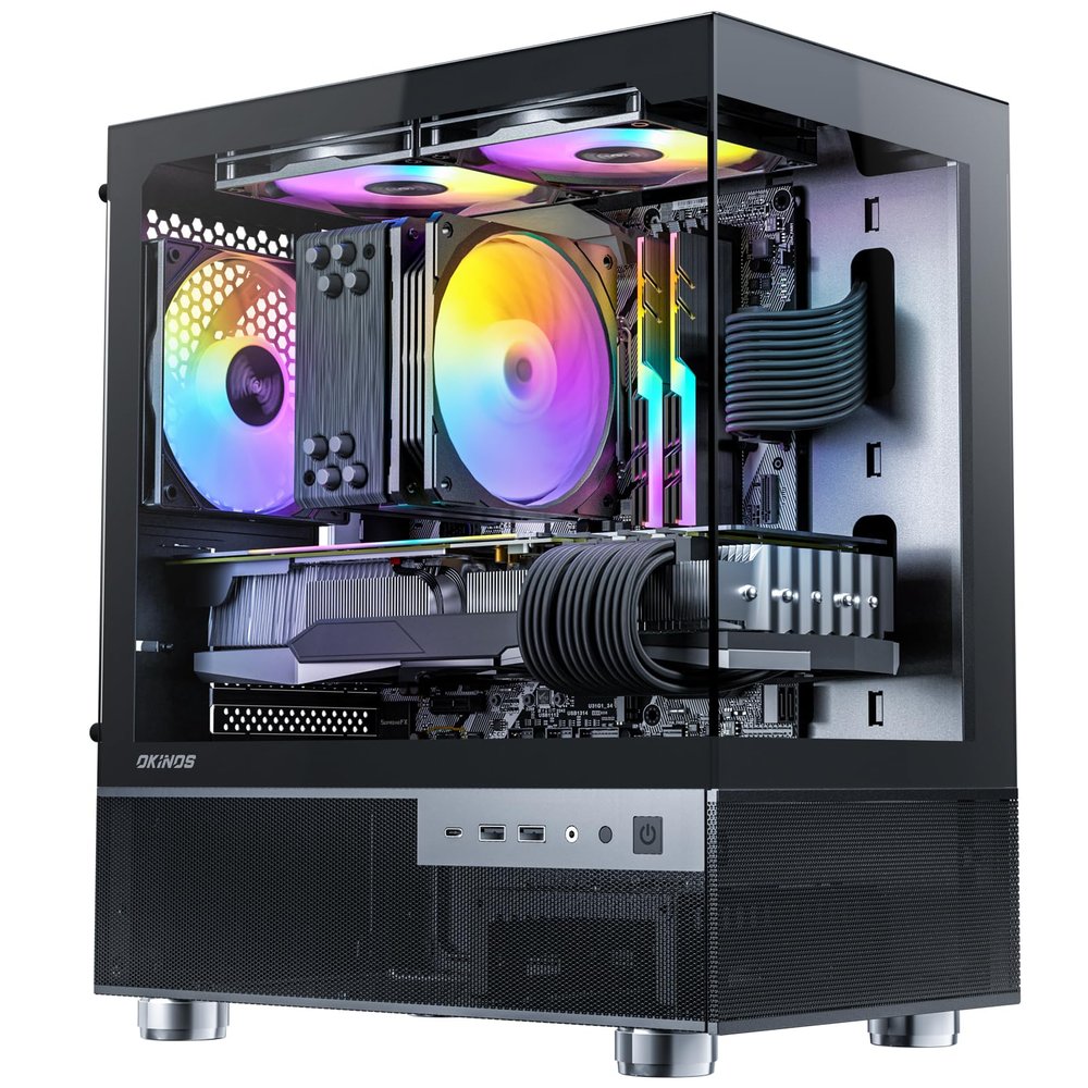 Okinos Aqua 3, Micro ATX Case, MATX PC Case with 3 X 120mm 3-Pin ARGB Fan Pre-Installed, Panoramic View Tempered Glass Front & Side Panel, with Type C Port, Black