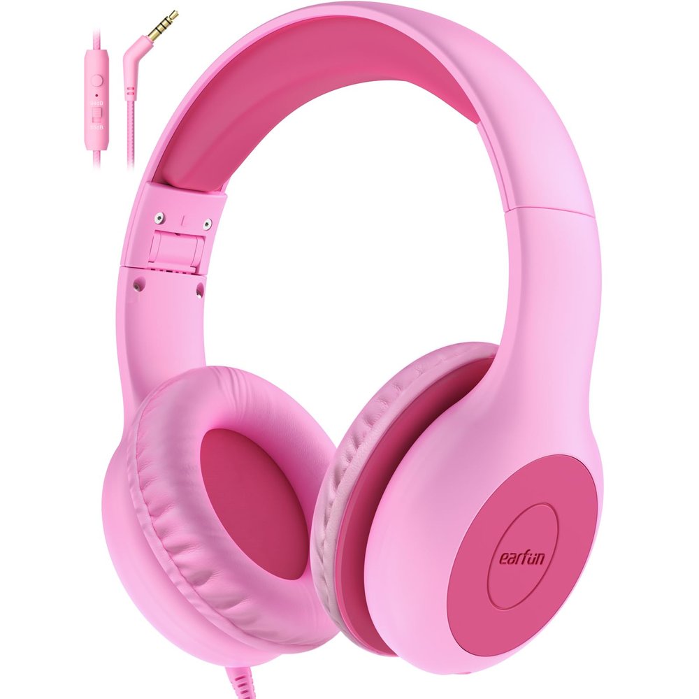 EarFun Kids Headphones Wired with Microphone, 85/94dB Volume Limit Headphones for Kids, Portable Wired Headphone with Shareport, Stereo Sound Foldable Headset for School/Tablet/Kindle Fuscia Pink