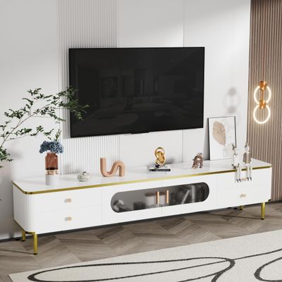 Aiuyesuo Glass Doors TV Stand for 65+ Inch TV, Modern Entertainment Center with Gold Leg,Television Console Table with Storage Cabinet and 4 Drawers,Wood Media Furniture for Living Room (White-uu78)