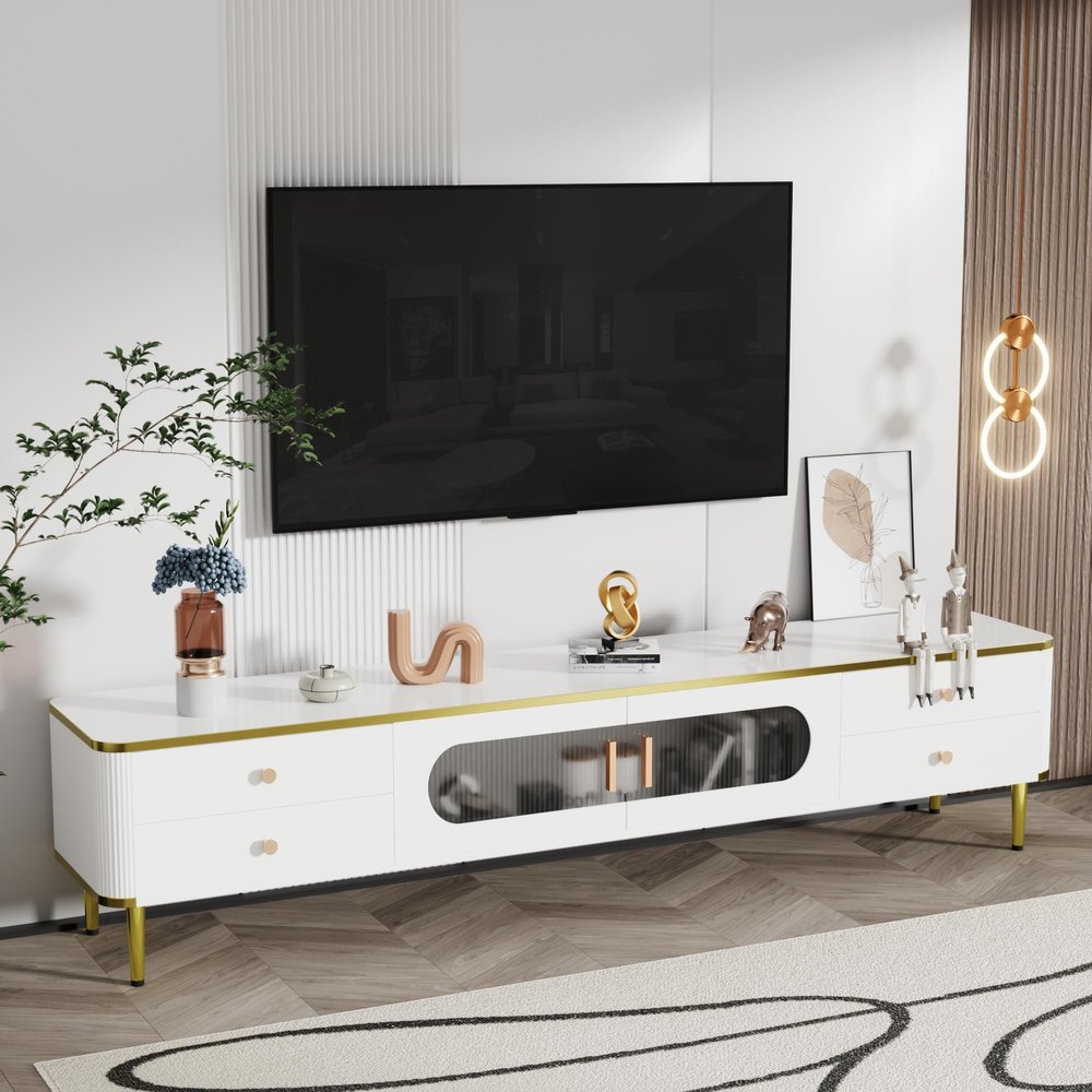 Aiuyesuo Glass Doors TV Stand for 65+ Inch TV, Modern Entertainment Center with Gold Leg,Television Console Table with Storage Cabinet and 4 Drawers,Wood Media Furniture for Living Room (White-uu78)