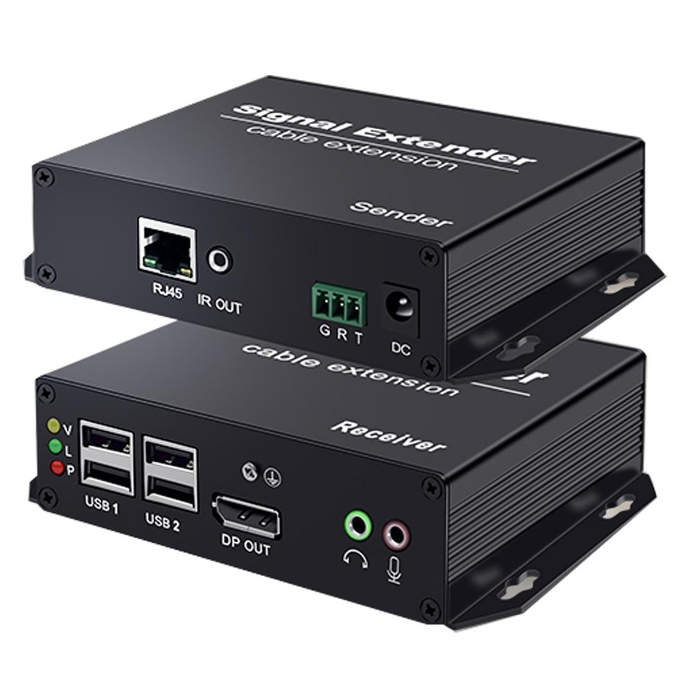 Torileaf 4K DisplayPort KVM Extender Over Ethernet, DP Extender Over Cat5e/6a/7 Up to 394FT/120M, 4 USB2.0 Extender Hub, EDID/Mic&Audio/IR/RS232/30Hz